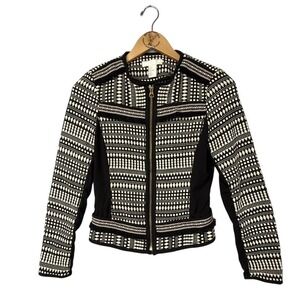 H M Black White Geometric Pattern Zip Up Moto Jacket Women US‎ 4